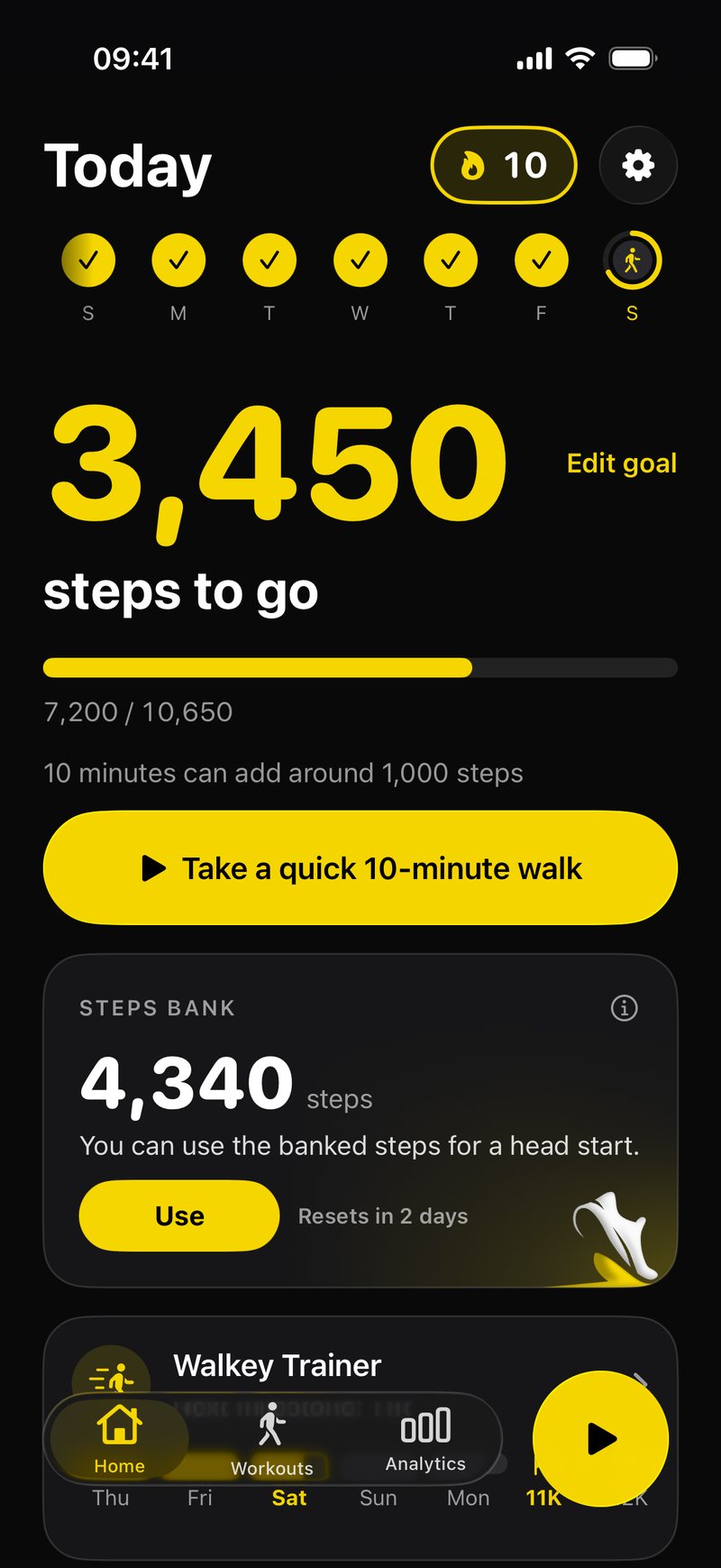 Walkey's Home screen: 3,450 steps to go today, with a 10-day streak.